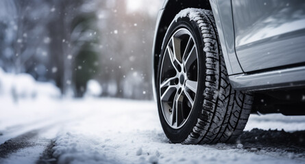 Part of car and wheel with tire covered with snow on close up on winter road in nature, banner for advertisement with copy space.  - obrazy, fototapety, plakaty