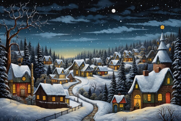 Cozy evening in village with few houses in forest, warm light burning in windows, pines covered with snow against dark blue night sky with stars. 