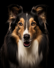 Close up studio portrait one beautiful collie dog, looking in camera isolated on black background. 