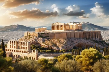 Parthenon Temple on top of the hill. The Acropolis of Athens, Greece. Generative ai - obrazy, fototapety, plakaty