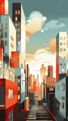 Cityscape of contemporary megalopolis city with houses and streets in abstract geometric style. 