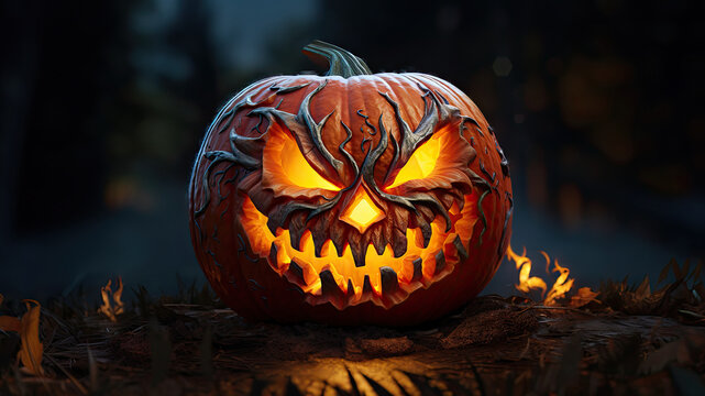Glowing Jack-O-Lantern with a screaming face, sitting on the rock.