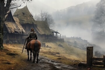 Scandinavian Viking warrior holding an ax and a shied with horse in misty landscape. Generative ai