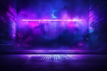 Abstract neon lines in smoke on an old concrete wall with purple and blue cyberpunk lights. Futuristic colors, modern design, energy pattern. Generative AI - obrazy, fototapety, plakaty