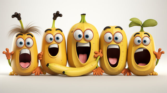 Very adorable banana cartoon character set with different emotions and poses isolated on white background