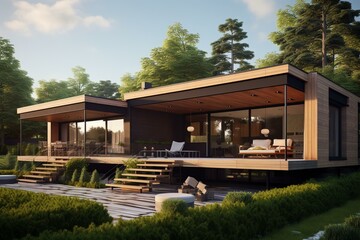 Fototapeta na wymiar Modern wooden house, flat roof, 3D visualization. Generative AI