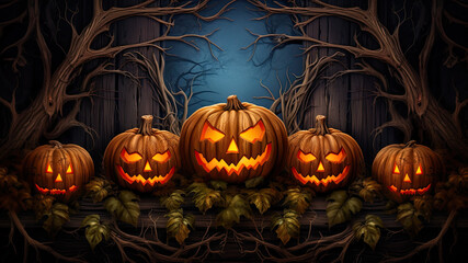 Obraz premium Set of carved pumpkins with different facial expressions, perfect for Halloween.