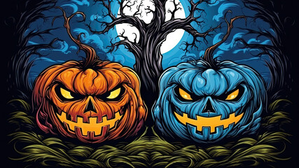 Halloween illustration of a spooky pumpkins - blue and orange, old tree and full moon on background.