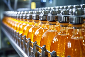 Factory process bottling orange juice into bottles. Generative AI