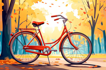 A red bicycle parked on the side of the road. Autumn landscape. Generative AI