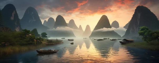 Crédence de cuisine en verre imprimé Guilin Landscape of Guilin, Li River and Karst mountains, China. Generative ai