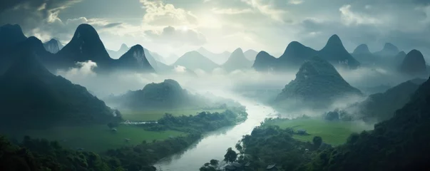 Plaid mouton avec motif Guilin Landscape of Guilin, Li River and Karst mountains, China. Generative ai