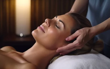 Zelfklevend behang Massagesalon Gorgeous 40 year old woman getting a head massaged in a spa studio, close up shot