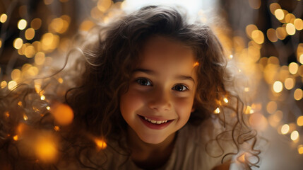 Fototapeta premium Portrait of a little happy girl on a blurred background, beautiful lighting.