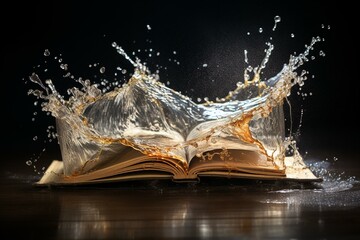 a book splitting with water pouring out. Generative AI - obrazy, fototapety, plakaty