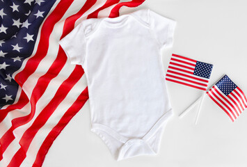 Blank White Baby Bodysuit Mockup. 4th of July bodysuit flat top view. Patriotic Copy space. Mockup- Onesie Digital File with USA decor.