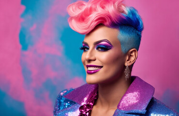Charming Drag Queen with beautiful make-up on a pink background
