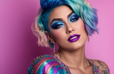 gender fluid girl with colorful painted hair and beautiful make up