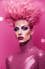 Closeup of androgynous Drag Queen with beautiful makeup and pink combination