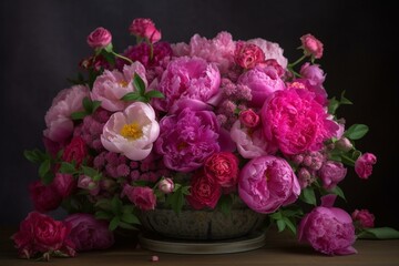 arrangement of blossoms in container. rosy peonies. Generative AI