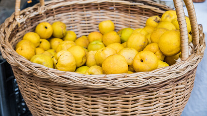 Quince fruits in wicker baskets, top view. Northern lemon