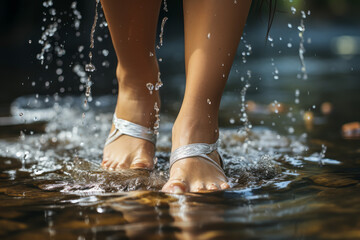 Melancholic rain-soaked female feet stepping in a puddle.