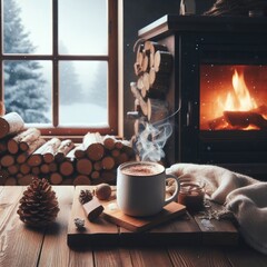 a mug of steaming hot cocoa on a wooden table. Outside, the windows reveal a snowy landscape - obrazy, fototapety, plakaty