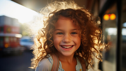 Portrait of a little happy girl on a blurred background, beautiful lighting.