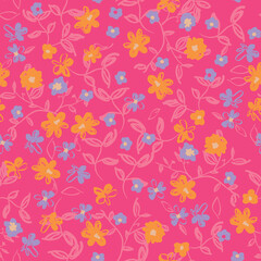 Fototapeta na wymiar Abstract floral seamless pattern. Bright colors, gouache painting. Outline contour lines forming stylized blooming daisy flowers. Curved lines and brush strokes.
