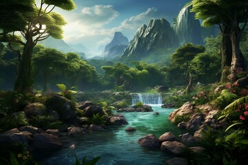 4k scenic jungle landscape wallpaper. Generative AI