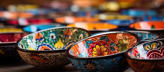 Fototapeta na wymiar Handcrafted bowls from Fez Morocco painted and sold at a local market
