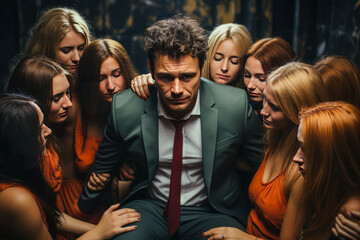 Captivating man in suit overwhelmed by excited women groupies, embodying irresistible seduction.