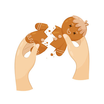 Gingerbread man in flat style. Breaking gingerbread with your hands. Christmas cookies on a white background.