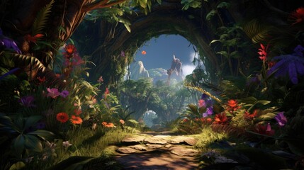 Immerse yourself in a virtual reality game set in an enchanted forest with lush green foliage, vibrant flowers, and magical creatures. Experience an immersive and enchanting gaming adventure - obrazy, fototapety, plakaty