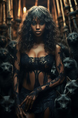 Captivating depiction of a sensual African woman in short attire amidst wild black animals with a demonic ambiance.