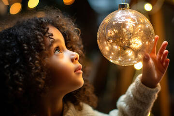Naklejka premium A little girl looks with interest at a beautiful Christmas ball against a background of blurred bokeh.