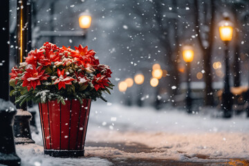 A large pot of Christmas star flowers stands on a snowy street in the light of lanterns. - obrazy, fototapety, plakaty