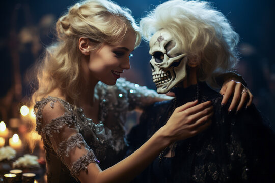 Eerie image of a young girl dancing with a menacing skeleton on a deathly ballroom floor.