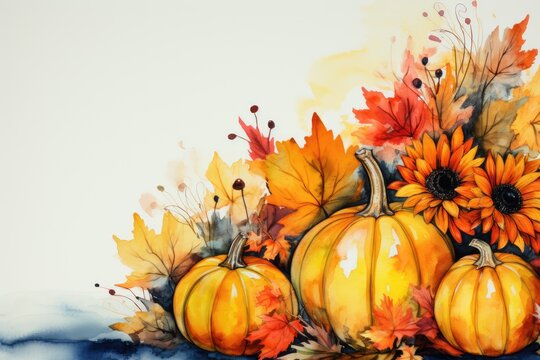 Watercolor pumpkins, sunflower and maple leaves on a white background, side view. Thanksgiving Day