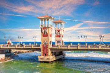 Famous Stanley Bridge in Alexandria, place of visit by the Mediterranean Sea in Egypt - obrazy, fototapety, plakaty