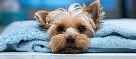 Yorkshire terrier resting on towels after a bath in a closeup photo