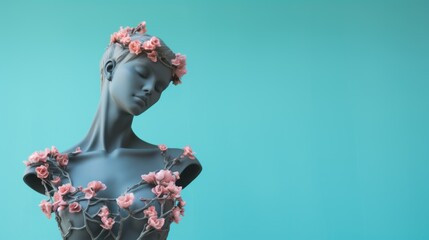 Upper body mannequin female model bust, decorated with blooming flowers, spring season renewal,...