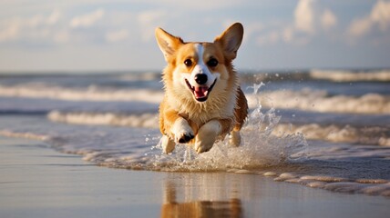 Cute corgi dog running on the sea beach wallpaper 