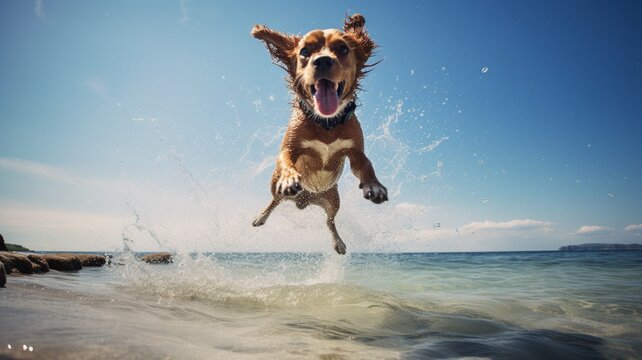 Cute dog jumping on the ocean water beach picture