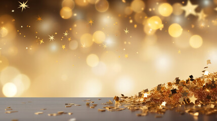 Fototapeta na wymiar new year background design with golden stars and confetti, with empty copy space