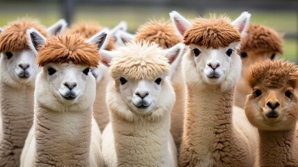 Cute herd of colorful llamas in the andes