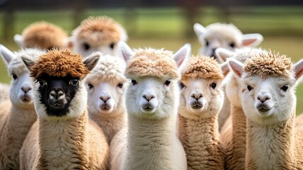 Cute herd of colorful llamas in the andes - obrazy, fototapety, plakaty