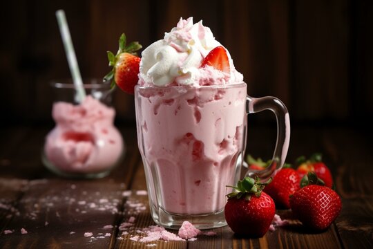Pink milkshake with whipped cream and strawberry, served on rustic wooden table. Delicious splash. Retro image for a patisserie or confectionery. Generative AI