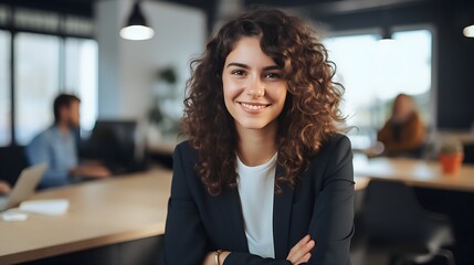Successful Businesswoman in Office: Portrait of a Beautiful Happy Woman Looking at the Camera While Sitting at her Desk