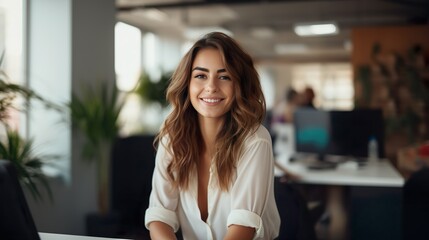 Successful Businesswoman in Office: Portrait of a Beautiful Happy Woman Looking at the Camera While Sitting at her Desk